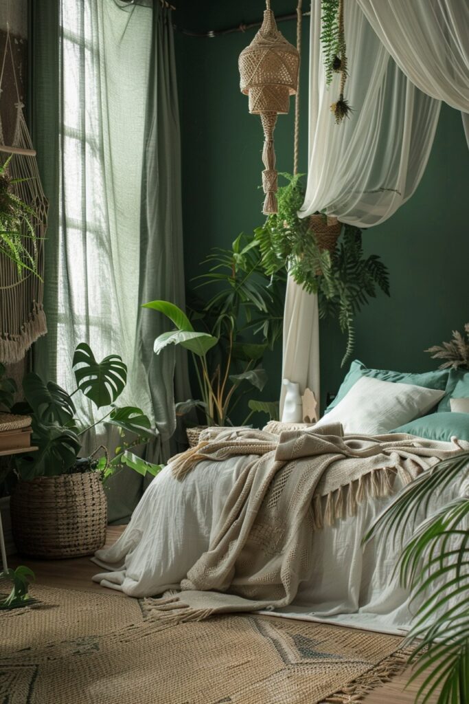 29 Green Boho Bedroom Ideas 19 Rainforest Hideaway: Creating Atmosphere in a Green Boho Bedroom