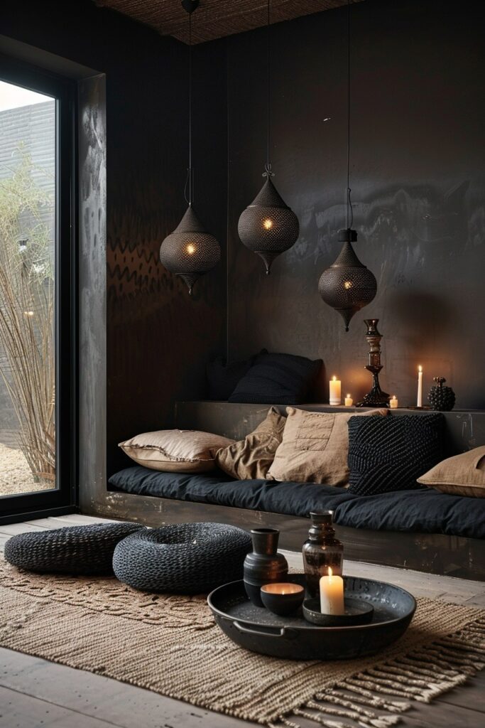 29 Dark Boho Living Room Layouts 5 Wanderer's Noir Nook