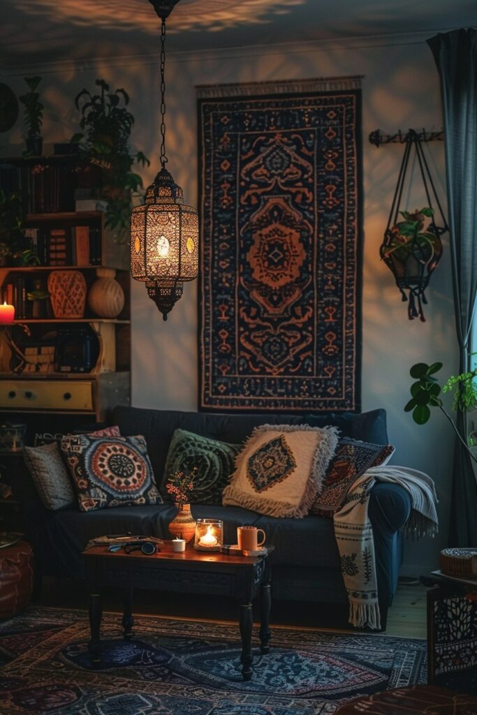 29 Dark Boho Living Room Layouts 27 Tapestry Twilight Room