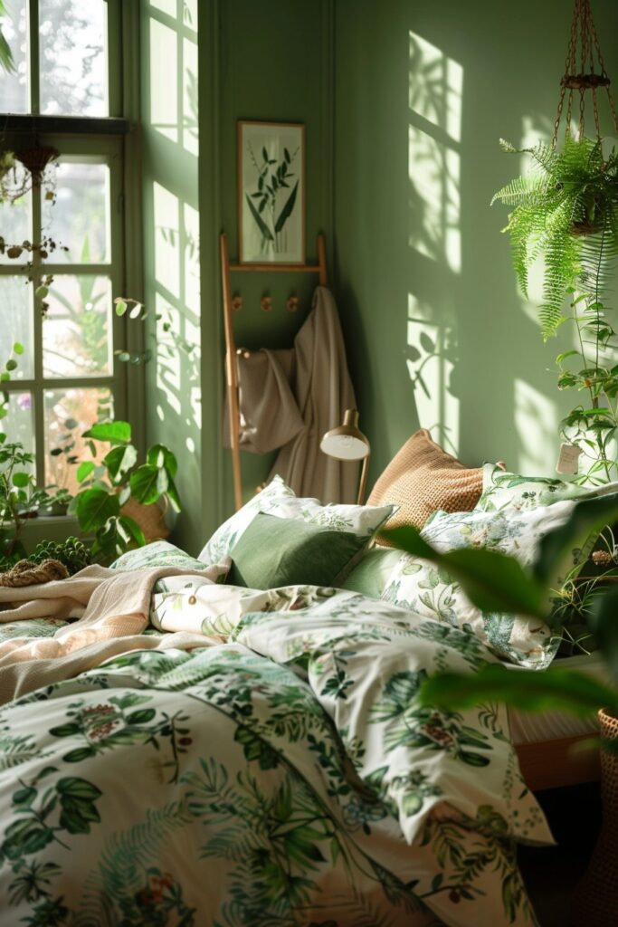 29 Green Boho Bedroom Ideas 16 Botanical Calm: Nature-Inspired Green Boho Bedroom