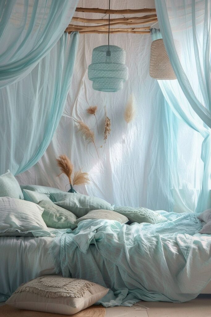 29 Light Blue Boho Bedrooms 23 Misty Serenity: Bohemian Bedroom Oasis