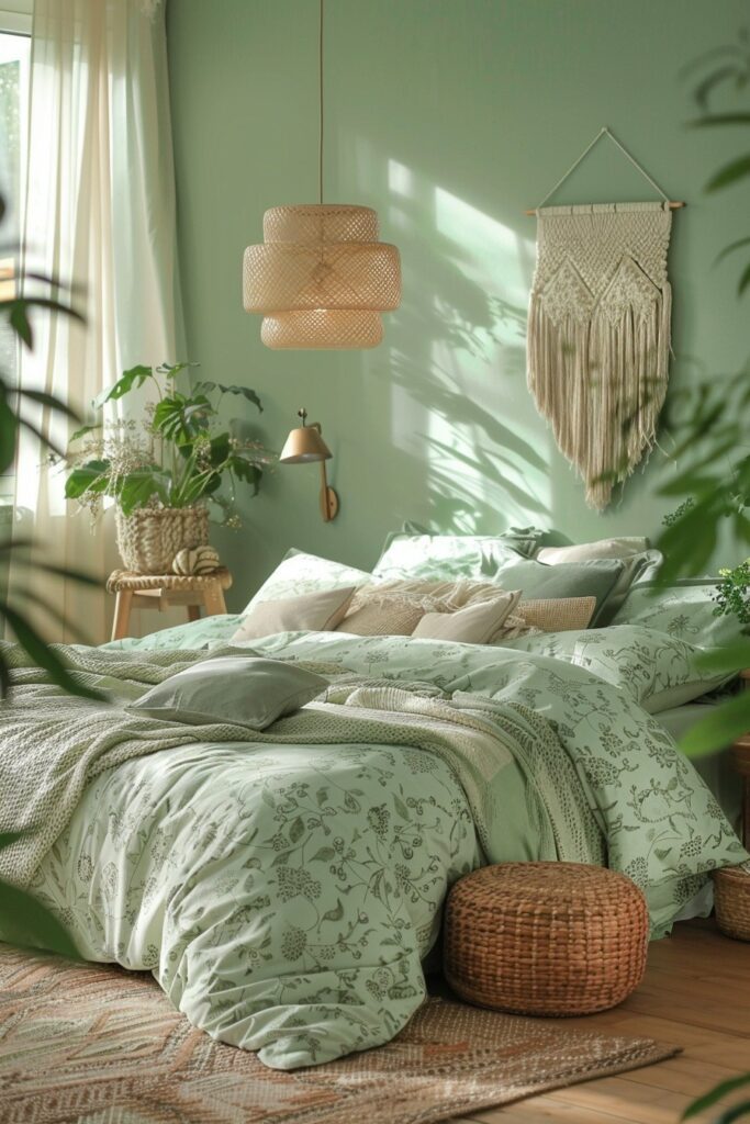 29 Green Boho Bedroom Ideas 17 Pistachio Harmony: Balancing a Green Boho Bedroom