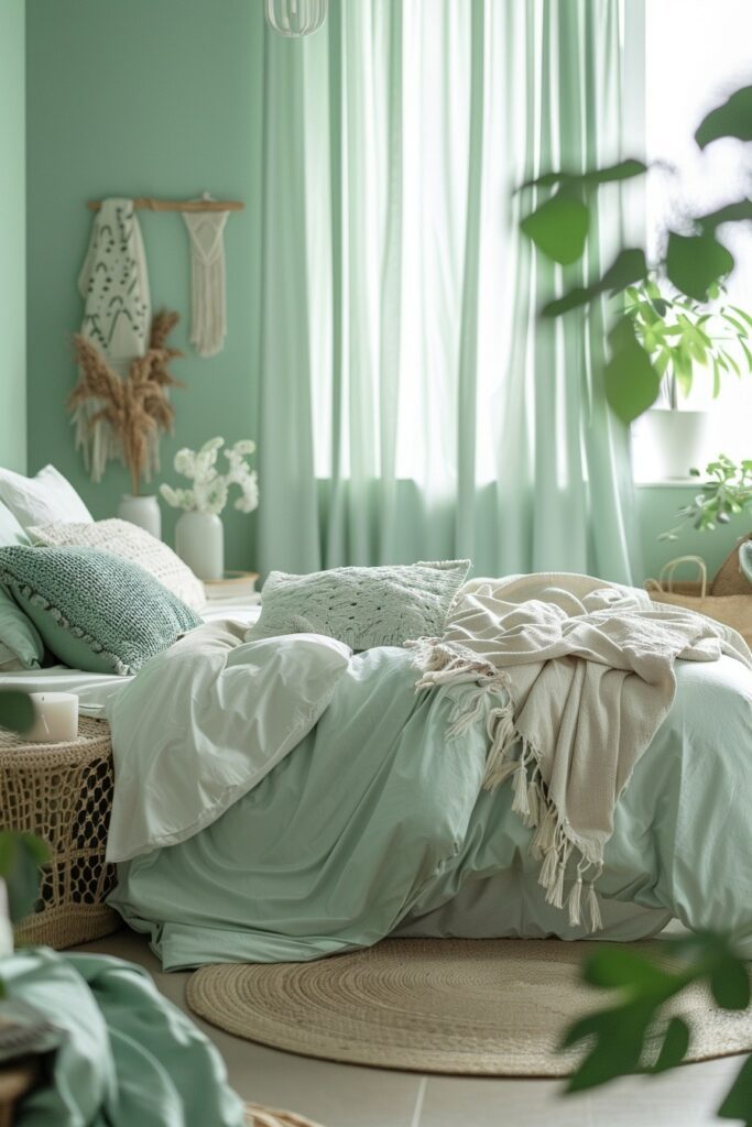 29 Green Boho Bedroom Ideas 18 Minty Serenity: Comfortable Green Boho Bedroom