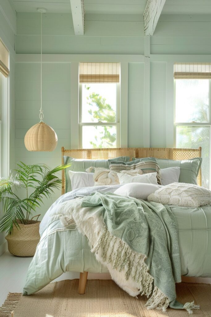 29 Green Boho Bedroom Ideas 14 Seashore Calm: Green Boho Bedroom with Coastal Influences