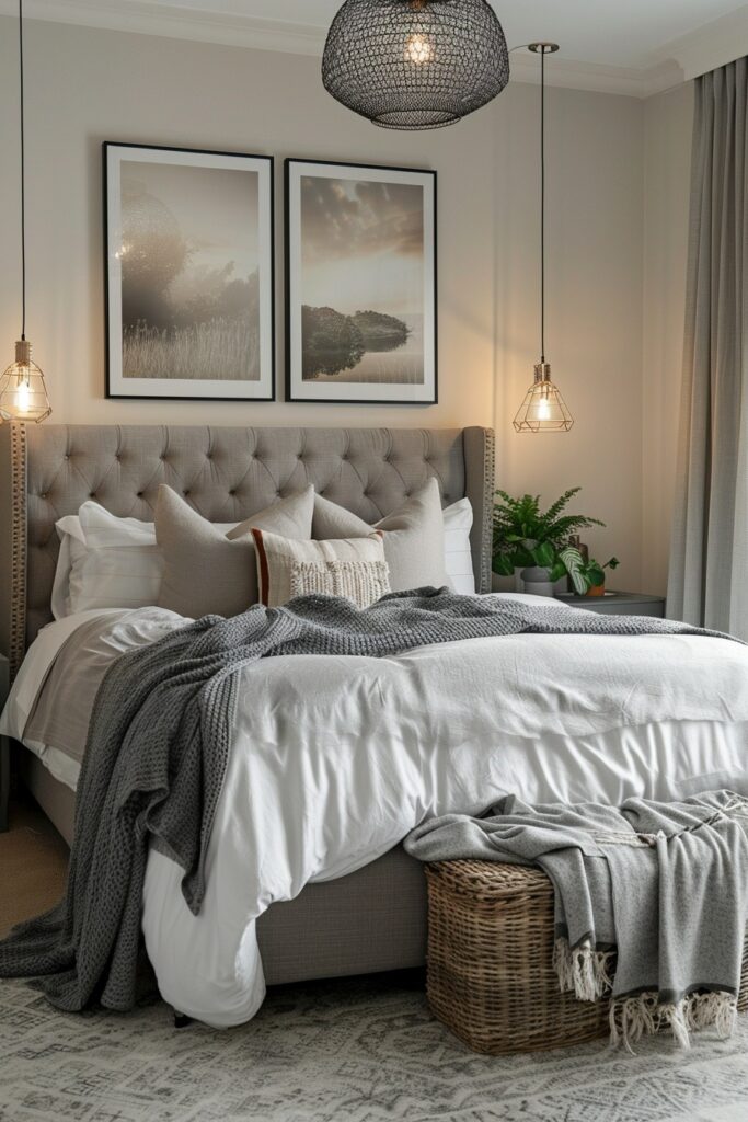 29 Grey Boho Bedroom Decor Ideas 29 Evening Retreat in Twilight Tranquility: A Grey Boho Bedroom