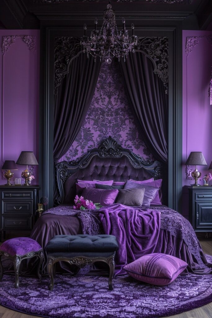 29 Black Bedroom Ideas for a Bold and Stylish Retreat 24 Regal Black and Purple