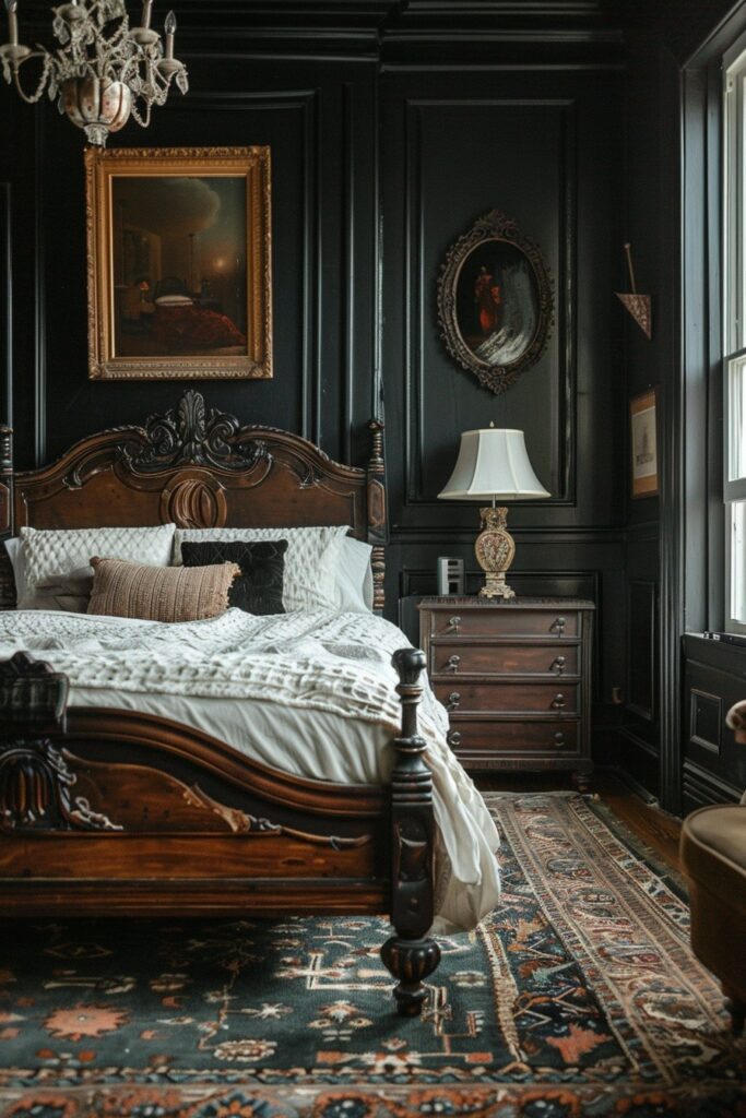 29 Black Bedroom Ideas for a Bold and Stylish Retreat 15 Vintage Black with Antique Touches