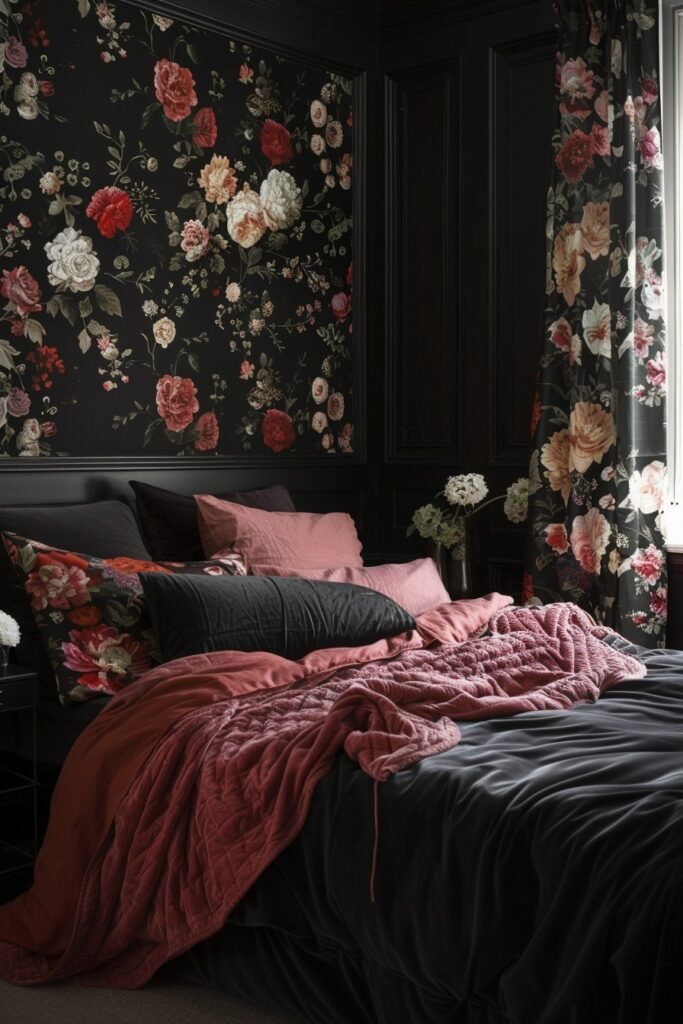 29 Black Bedroom Ideas for a Bold and Stylish Retreat 17 Dark Floral Drama