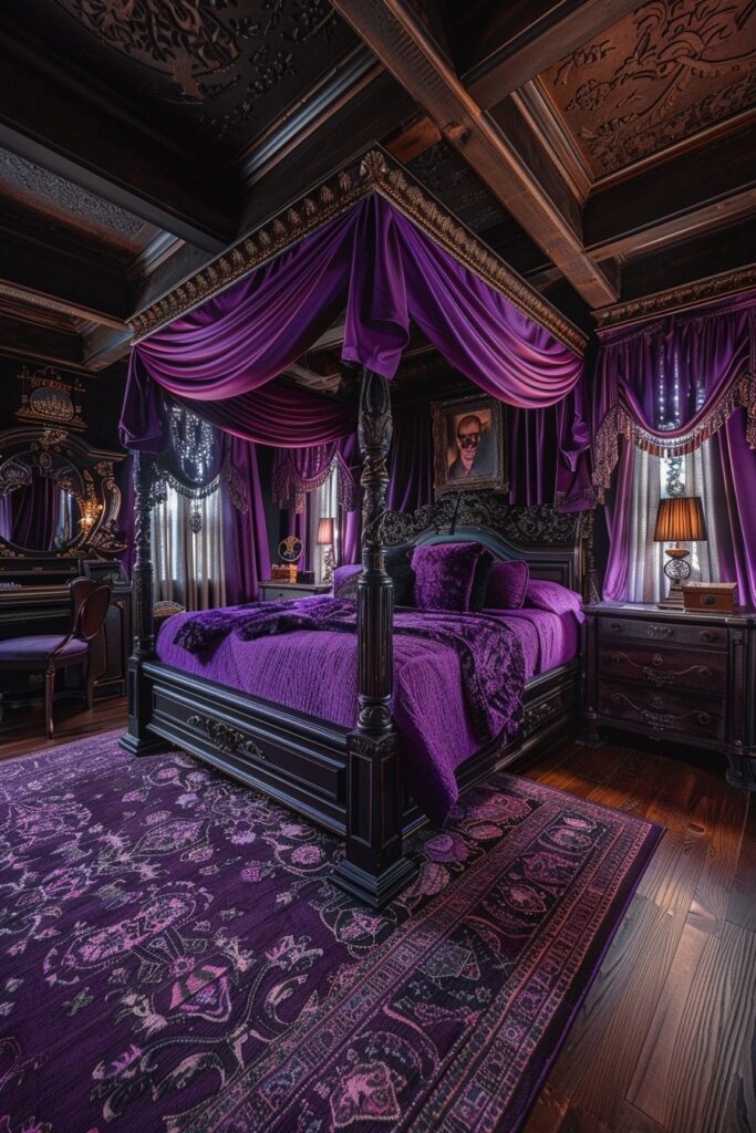 29 Enchanting Purple Witchy Bedroom Ideas to Mystify Your Space 6 Regal Purple Wizard's Haven