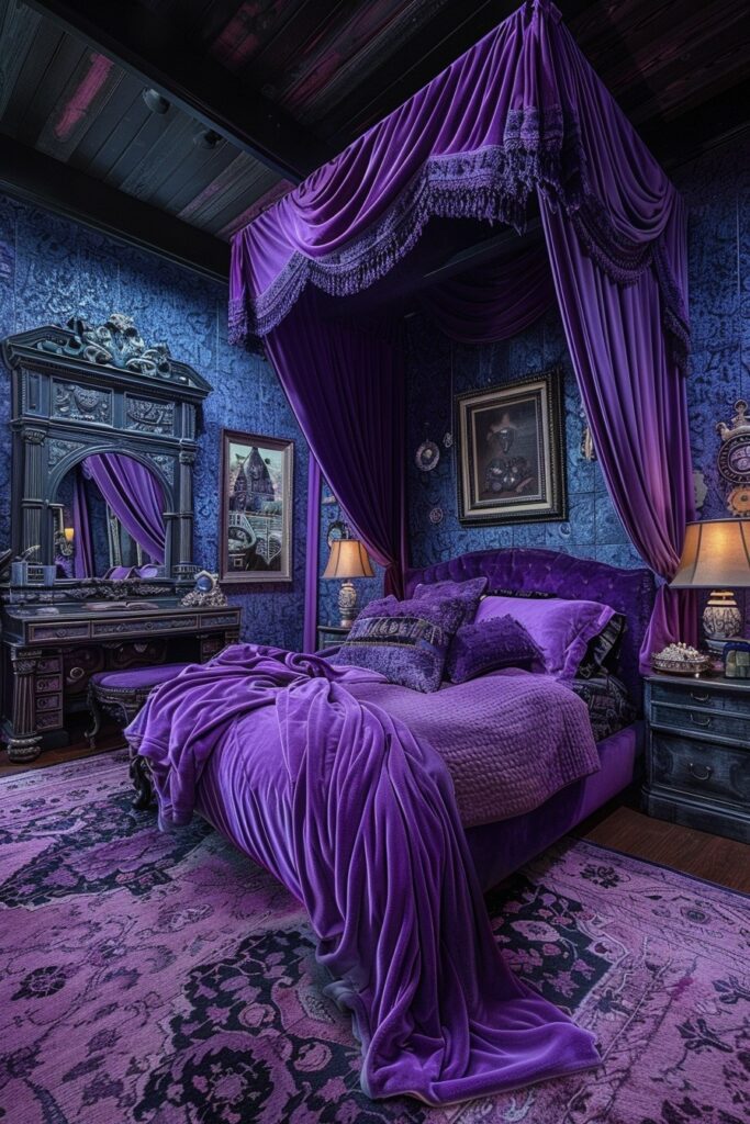 29 Enchanting Purple Witchy Bedroom Ideas to Mystify Your Space 14 Velvet Violet Sorcerer's Retreat