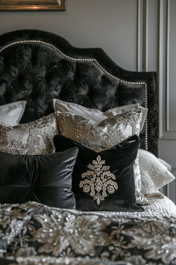 29 Black Bedroom Ideas for a Bold and Stylish Retreat 8 Black Velvet and Silver Luxury
