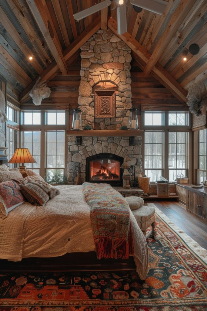 29 Bedroom with Fireplace Ideas for a Warm and Inviting Space 9 Cabin Coziness: Rustic Bedroom Fireplace Ideas