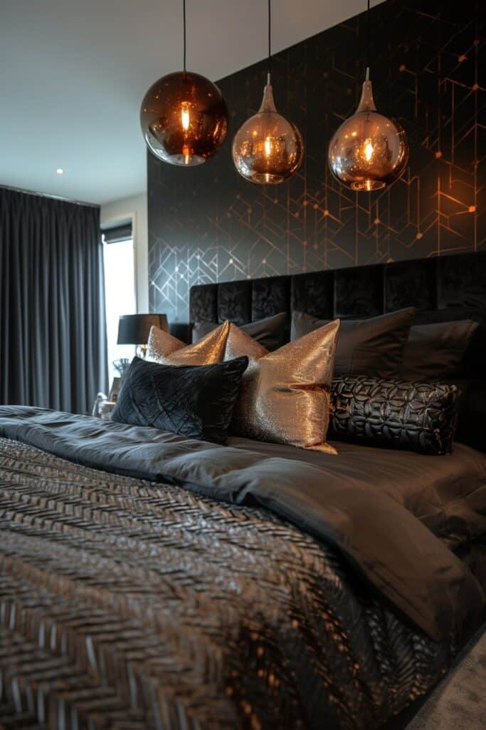29 Black Bedroom Ideas for a Bold and Stylish Retreat 28 Black with Metallic Geometric Patterns