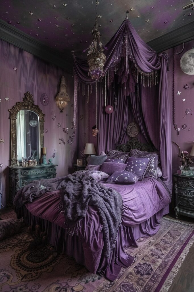 29 Enchanting Purple Witchy Bedroom Ideas to Mystify Your Space 13 Purple Moonlit Magic Room