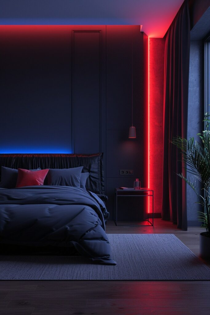 29 Black Bedroom Ideas for a Bold and Stylish Retreat 18 Minimalist Black with Neon Accents