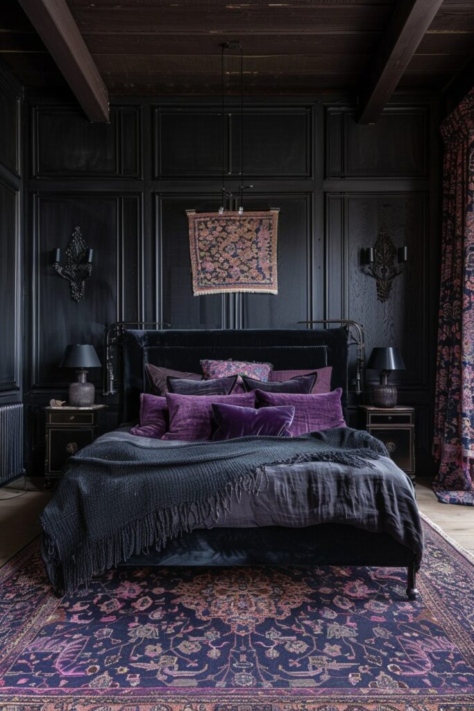 29 Goth Boho Bedroom Ideas to Unleash Your Mysterious Side 18 Regal Obsidian