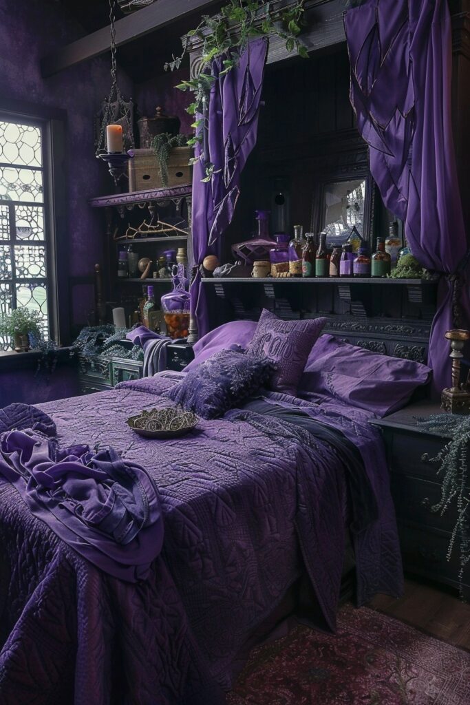 29 Enchanting Purple Witchy Bedroom Ideas to Mystify Your Space 28 Purple Potion Craft Room