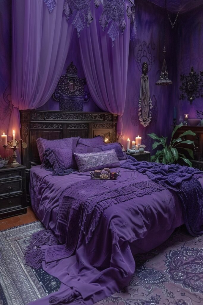 29 Enchanting Purple Witchy Bedroom Ideas to Mystify Your Space 29 Mystic Violet Dream Nook