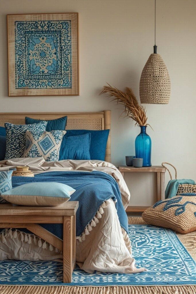 29 Bright Blue Boho Bedroom Ideas for a Vibrant and Eclectic Retreat 15 Azure Accents