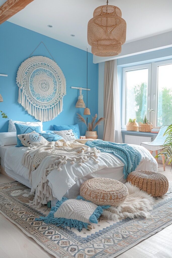 29 Bright Blue Boho Bedroom Ideas for a Vibrant and Eclectic Retreat 12 Baby Blue Bohemia