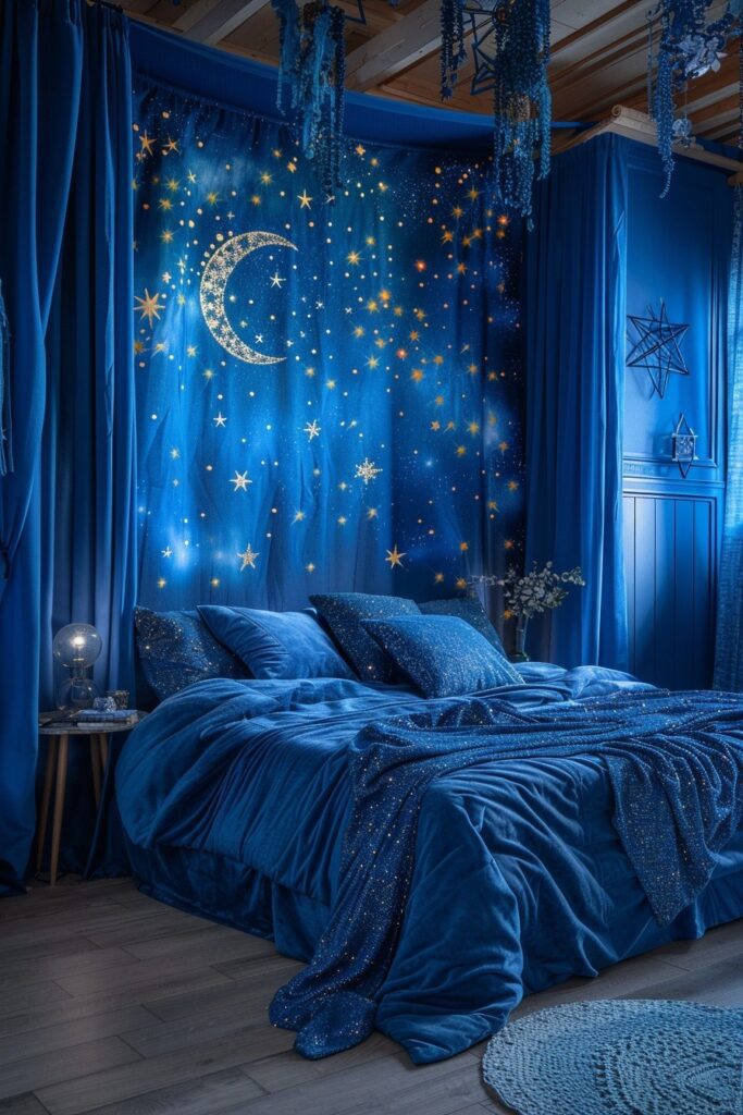 29 Bright Blue Boho Bedroom Ideas for a Vibrant and Eclectic Retreat 20 Midnight Blue Magic
