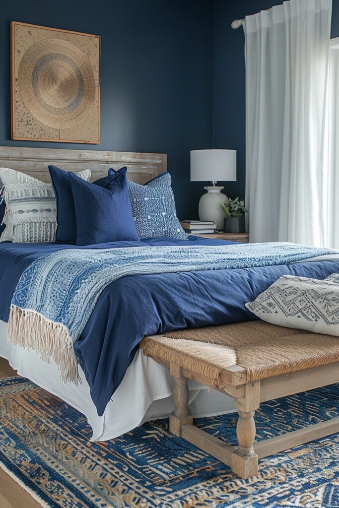 29 Bright Blue Boho Bedroom Ideas for a Vibrant and Eclectic Retreat 27 Navy Nightfall
