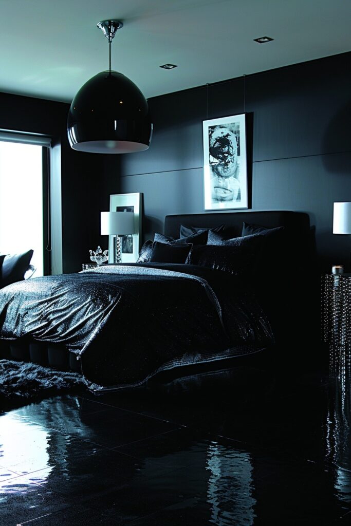 29 Dark Modern Bedroom Ideas for a Sleek and Sophisticated Sleep Space 27 Obsidian Elegance