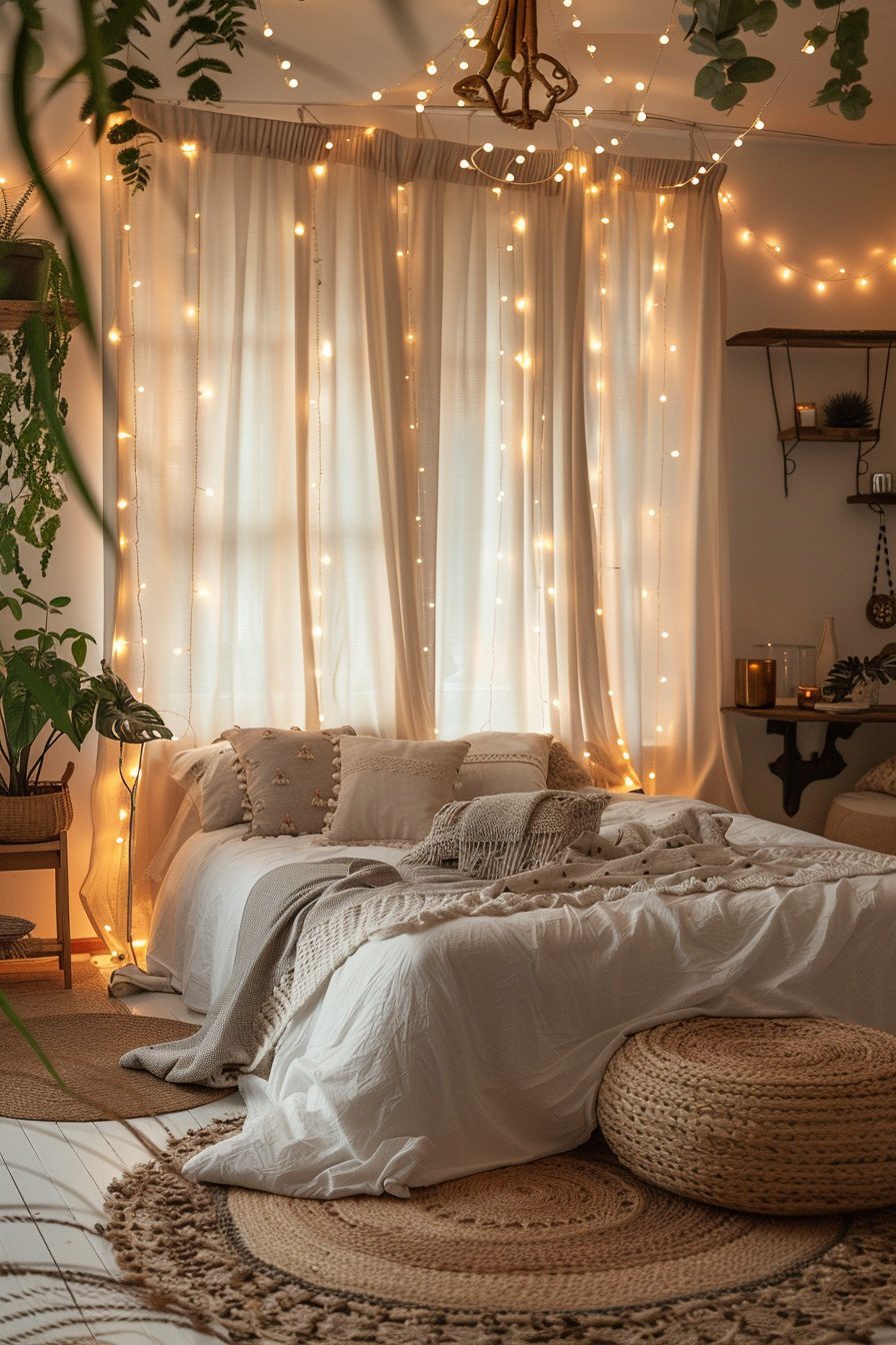 29 Boho Bedroom With Curtain Lights To Create A Serene Space