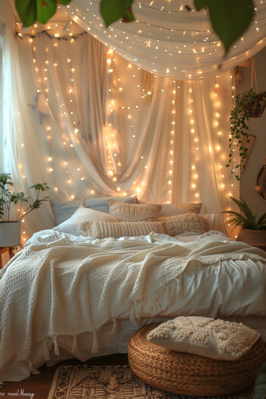 29 Boho Bedroom With Curtain Lights To Create A Serene Space