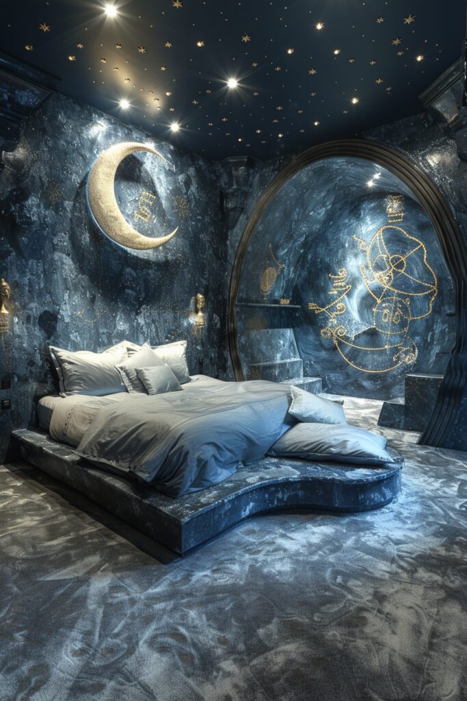29 Dark Fantasy Bedroom Ideas for a Mystical Makeover 10 Cosmic Observer’s Suite