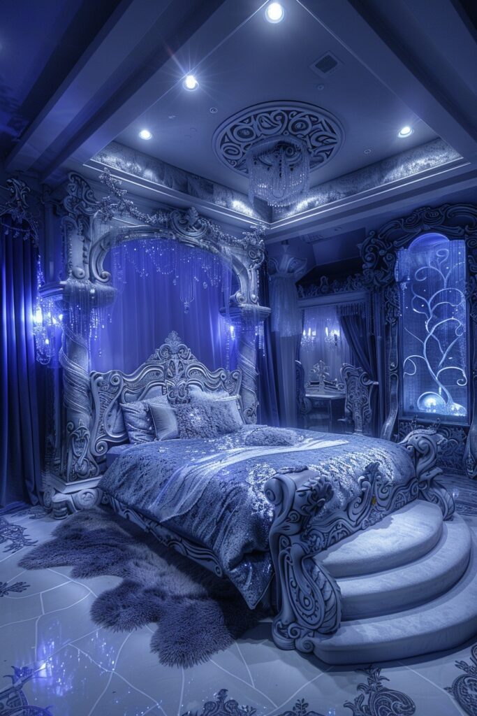 29 Dark Fantasy Bedroom Ideas for a Mystical Makeover 11 Icy Sovereign's Chamber