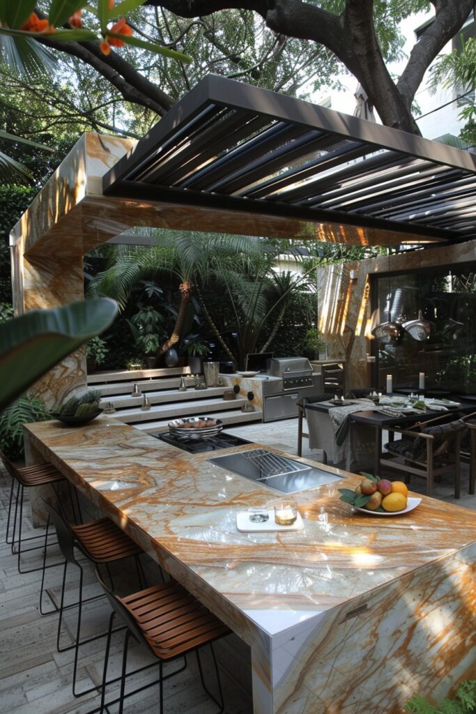 29 Outdoor Kitchen Ideas for a Functional and Chic Setup 1 Modern Marble Outdoor Kitchen