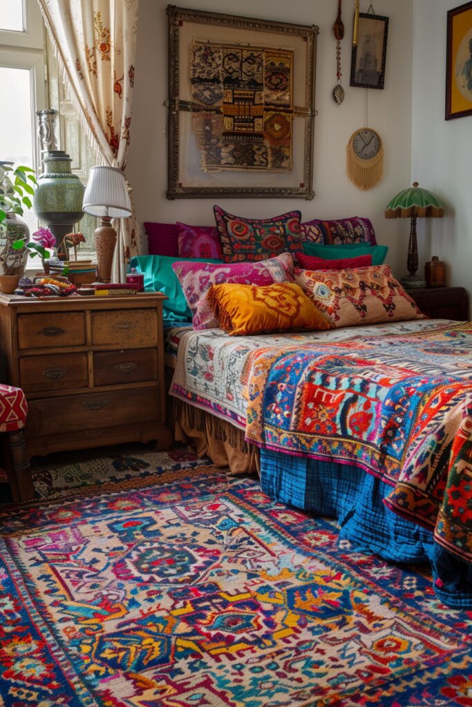 29 Gypsy Boho Bedroom Ideas for a Whimsical Retreat 18 Bold Rug Gypsy Boho Bedroom