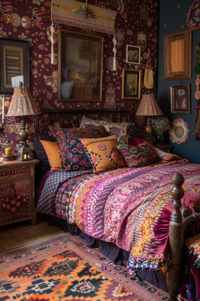 29 Gypsy Boho Bedroom Ideas for a Whimsical Retreat 4 Dynamic Patterned Gypsy Boho Quarters