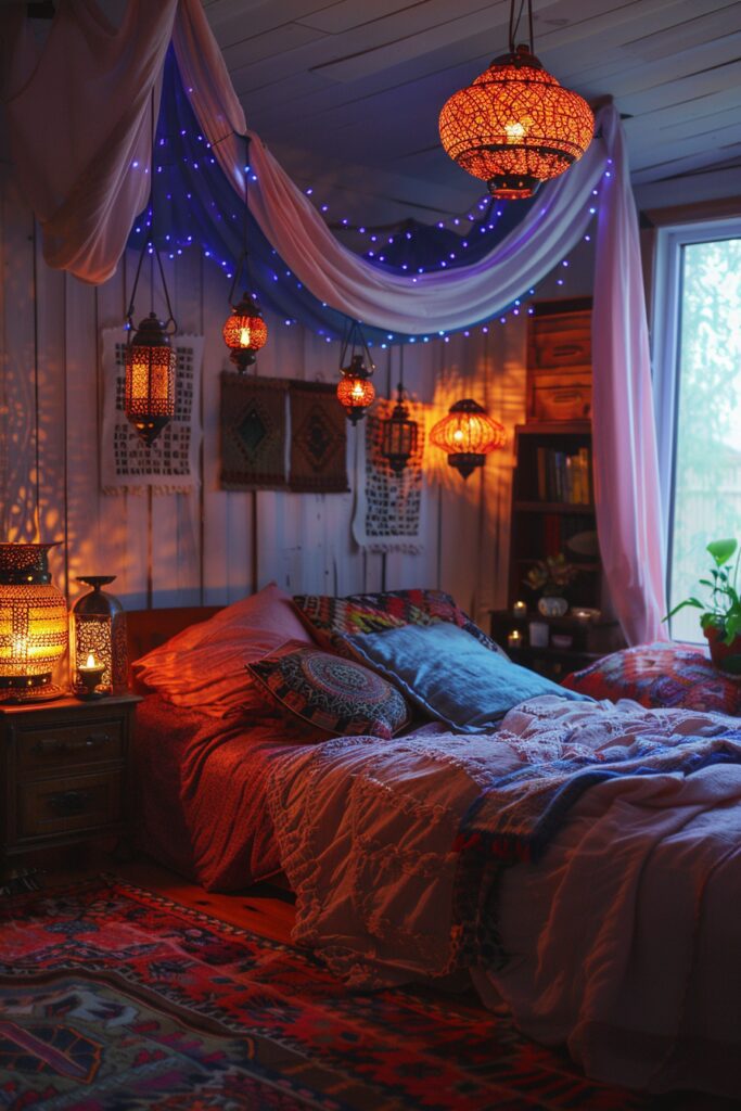 29 Gypsy Boho Bedroom Ideas for a Whimsical Retreat 14 Lantern-Adorned Gypsy Boho Bedroom