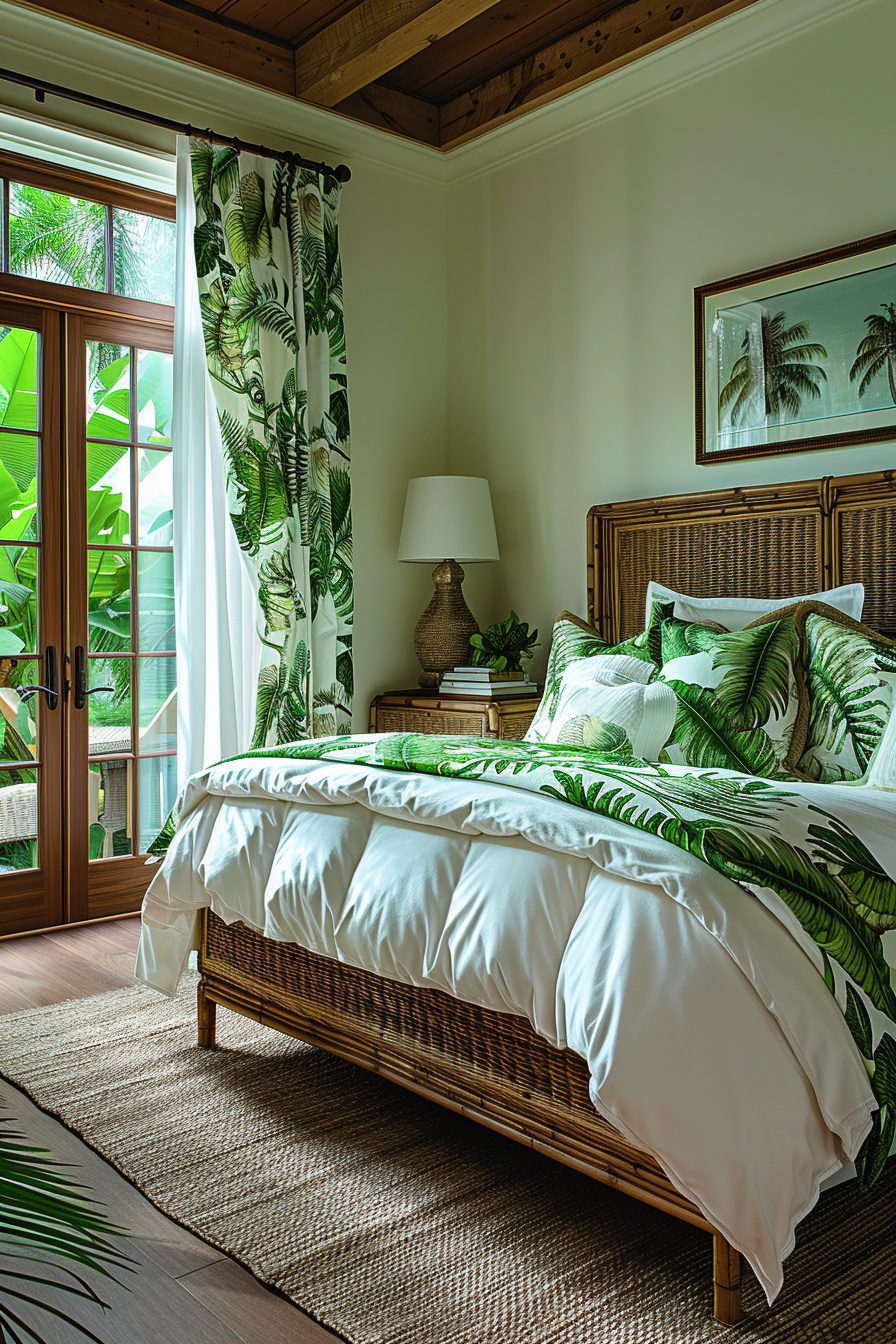 Create a Calming Tropical Bedroom Oasis with Lush Greenery and Soft Textures