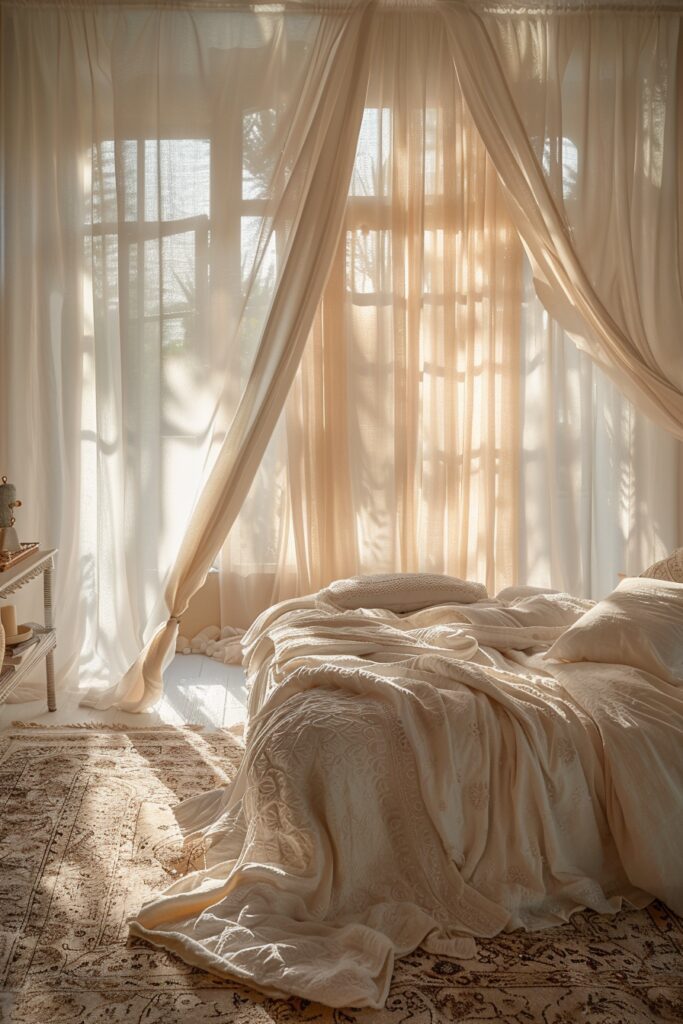 29 Gypsy Boho Bedroom Ideas for a Whimsical Retreat 16 Sheer Elegance Gypsy Boho Bedroom