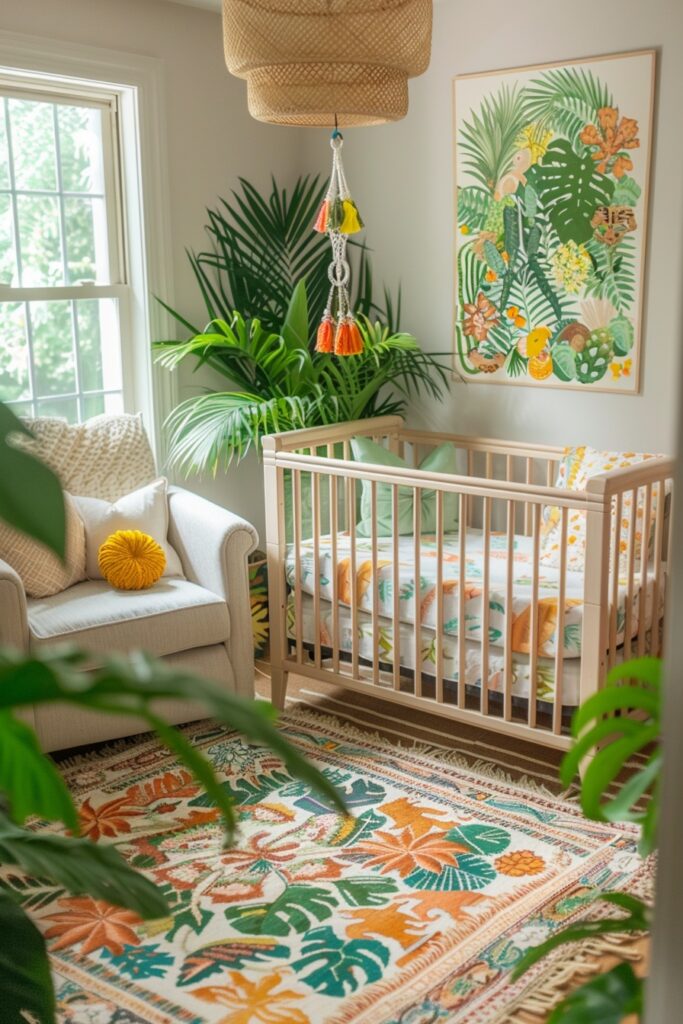 29 Boho Nursery Decor Ideas for a Beautiful and Serene Baby Room 1 Tropical Escape Boho Nursery