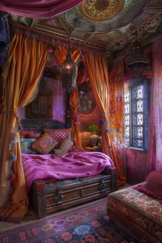 29 Gypsy Boho Bedroom Ideas for a Whimsical Retreat 1 Vibrant Textile Gypsy Boho Sanctuary