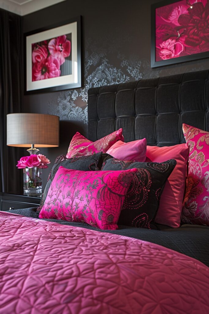 29 Pink and Black Bedroom Ideas for a Modern and Feminine Vibe 3 Bold Pink Highlights in a Black Bedroom