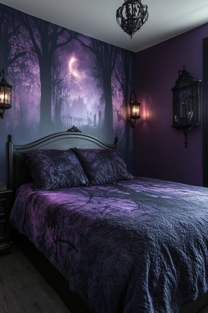29 Halloween Decor Bedroom Ideas to Add Spooky Vibes to Your Sleeping Space 22 Cinema of Horrors Bedroom
