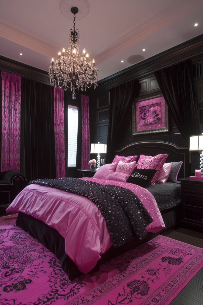 29 Pink and Black Bedroom Ideas for a Modern and Feminine Vibe 4 Glam Pink and Black Retreat