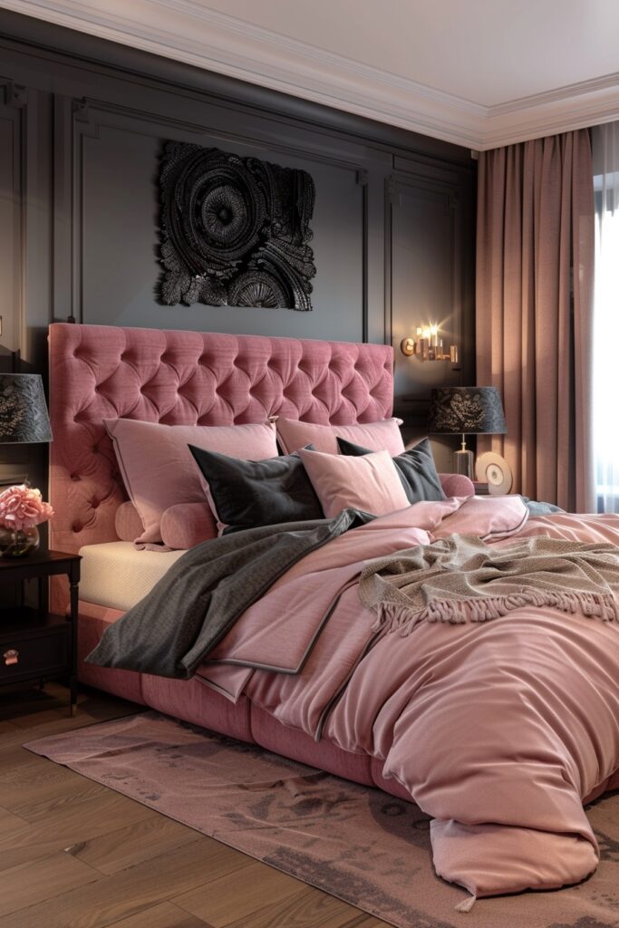 29 Pink and Black Bedroom Ideas for a Modern and Feminine Vibe 7 Luxurious Pink Velvet and Black Bedroom