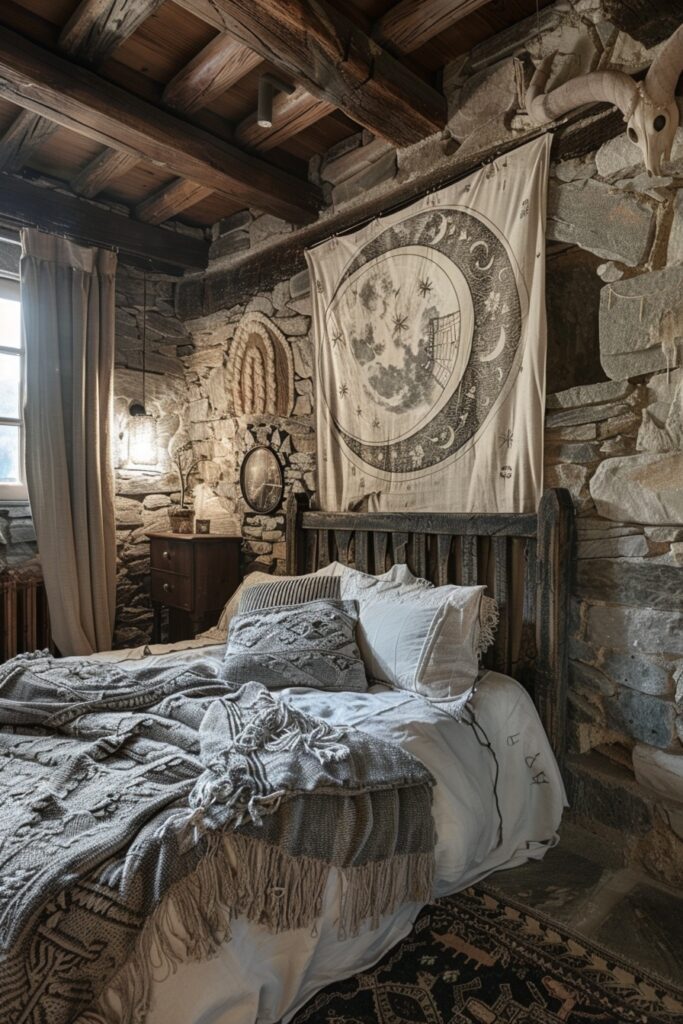 29 Rustic Boho Witchy Bedroom Ideas to Create an Enchanting Retreat 16 Moonlit Myth Sanctuary