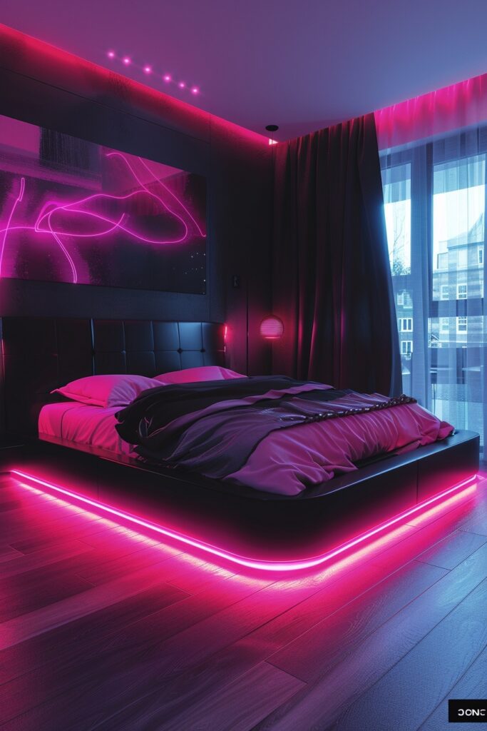 29 Pink and Black Bedroom Ideas for a Modern and Feminine Vibe 9 Neon Pink in a Black Bedroom
