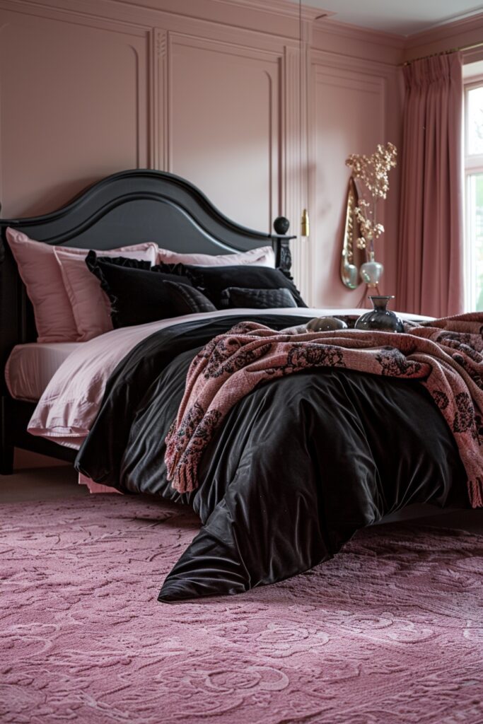 29 Pink and Black Bedroom Ideas for a Modern and Feminine Vibe 24 Pink and Black Luxe Layers