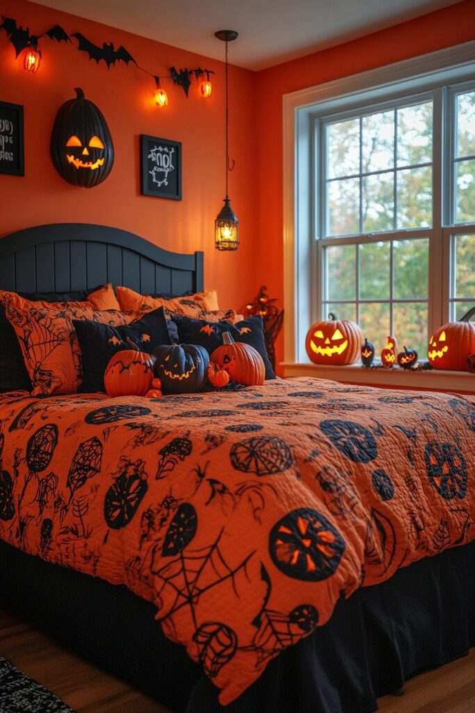 29 Halloween Decor Bedroom Ideas to Add Spooky Vibes to Your Sleeping Space 26 Pumpkin Crafter’s Nook