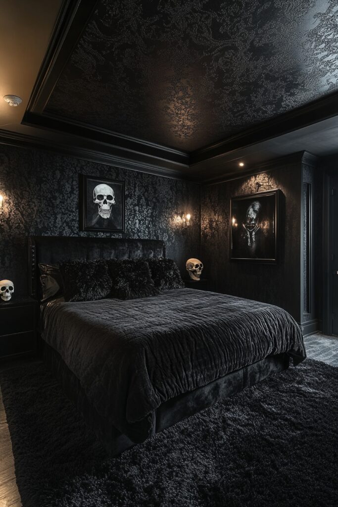 29 Halloween Decor Bedroom Ideas to Add Spooky Vibes to Your Sleeping Space 14 Skulls and Silhouettes Sleep Space