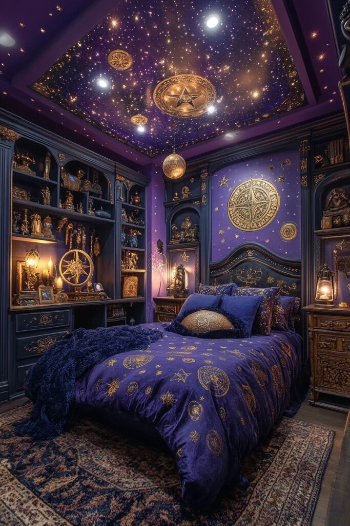 29 Halloween Decor Bedroom Ideas to Add Spooky Vibes to Your Sleeping Space 12 Sorcerer’s Spell Room
