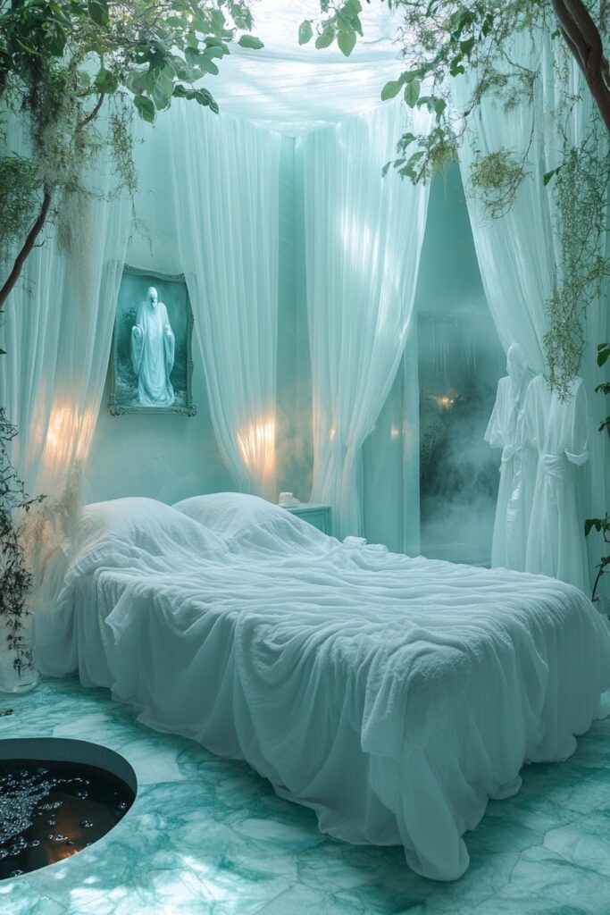 29 Halloween Decor Bedroom Ideas to Add Spooky Vibes to Your Sleeping Space 24 Spectral Spa Bedroom